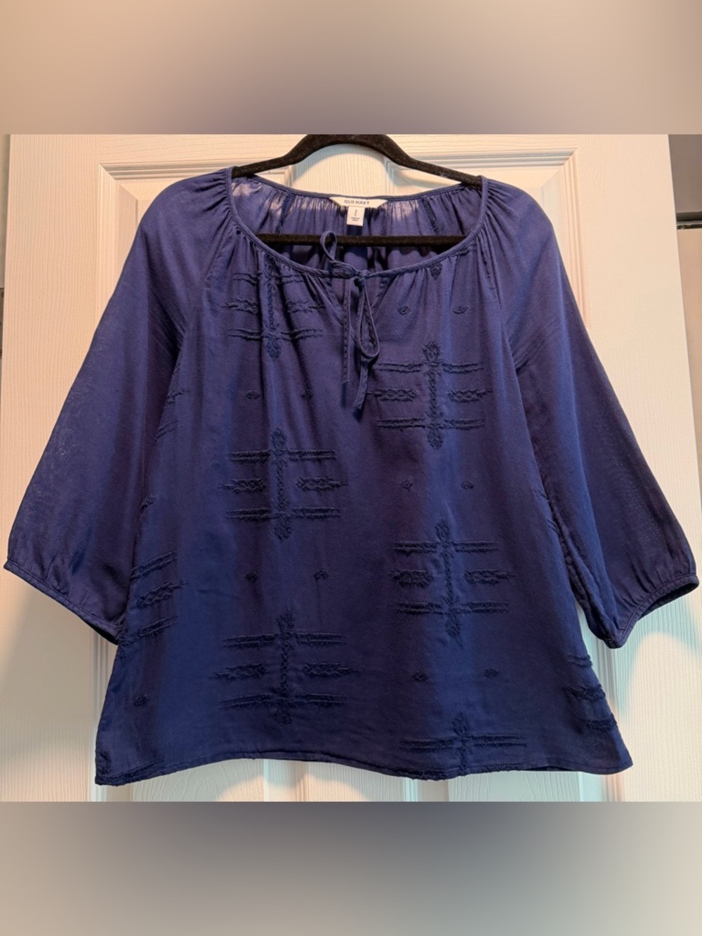 Old Navy Navy Blue Embroidered Peasant Blouse